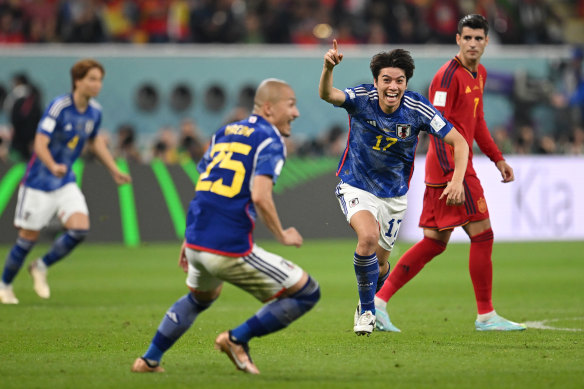 Ao Tanaka celebrates Japan’s second goal.