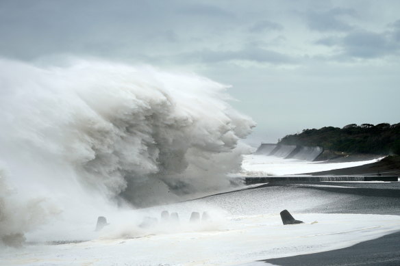 Surging waves generated by typhoon Hagibis hit the seashore in Mihama, Mie Prefecture, Japan.