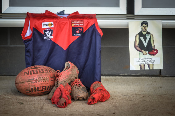 Frawley's old jumper, boots and socks at the Bungaree Football Oval on Tuesday.