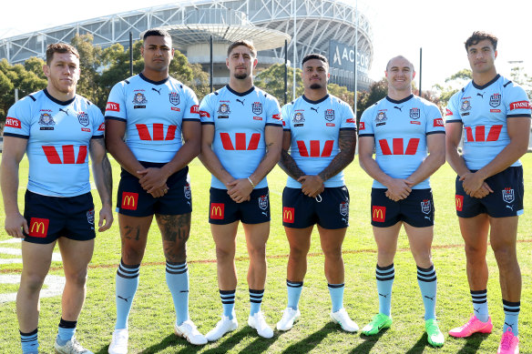 Blues debutants Cameron McInnes, Haumole Olakau’atu, Zac Lomax, Spencer Leniu, Dylan Edwards and Joseph Suaalii.