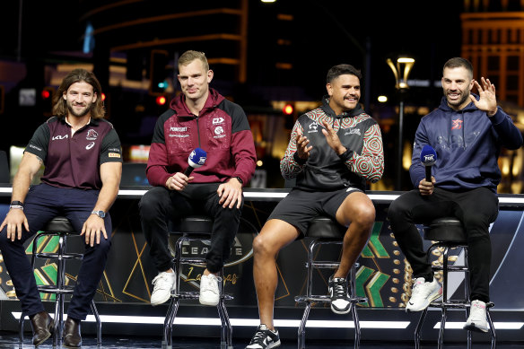 Brisbane’s Pat Carrigan, Manly’s Tom Trbojevic, Souths’ Latrell Mitchell and the Roosters’ James Tedesco at the NRL Las Vegas Launch on Thursday (AEDT).