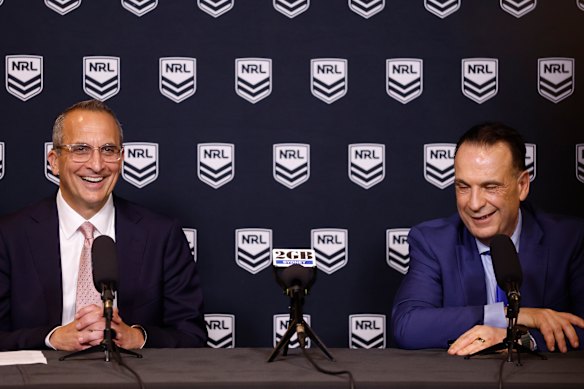 Peter V’landys and Andrew Abdo speak to the media on Monday.