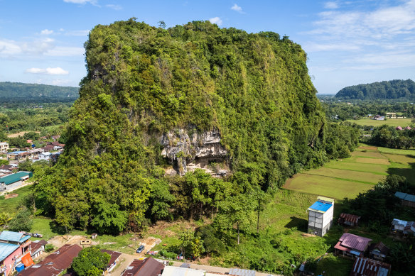 Leang Karampuang, a dramatic karst hill in Sulawesi, Indonesia, riddled with caves that host the world’s oldest rock art.