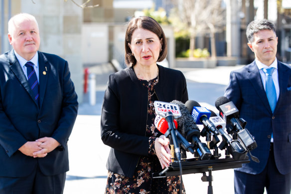 Premier Gladys Berejiklian did not name her deputy John Barilaro by name when asked about the furore brought on by the leader of the NSW Nationals over the government.