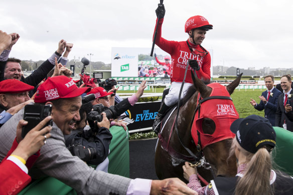 Jockey Kerrin McEvoy smiles after winning the 2018 edition of The Everest with Redzel.