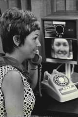 Mrs. B. Simpson of Manly Vale tries a "see-as-you-speak TV telephone" at the David Jones George Street store on October 21, 1969.