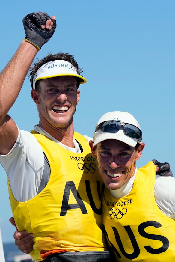 Will Ryan and Mathew Belcher celebebrate after winning gold in sailing.