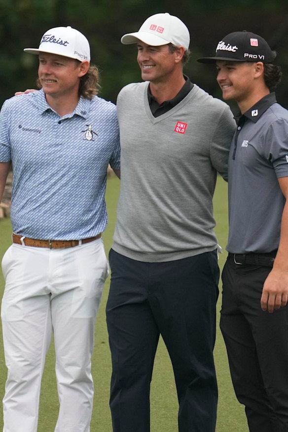 Australians Cameron Smith, Adam Scott and Harrison Crowe on the Hogan Bridge at Augusta.