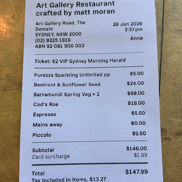 A conta do Crafted, o restaurante da Art Gallery of New South Wales.