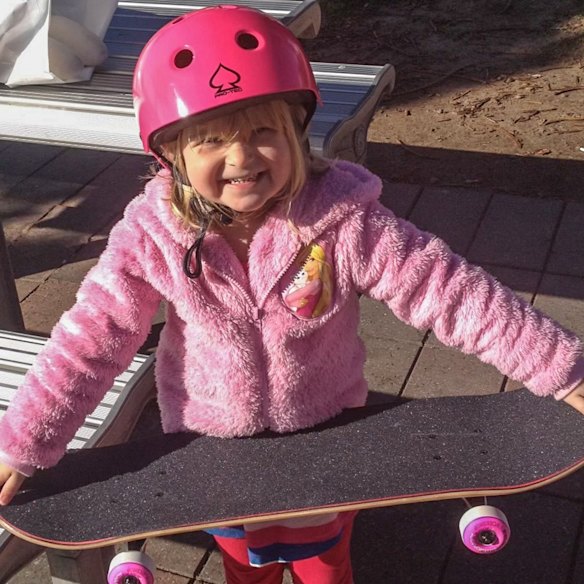 Ruby Trew with her first skateboard. She competed in her first open-age competition when she was six.