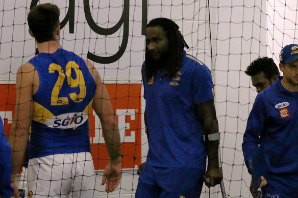 Nic Naitanui needed a knee reconstruction, leaving the main ruck duties to Scott Lycett (left) as the Eagles head towards another finals tilt.