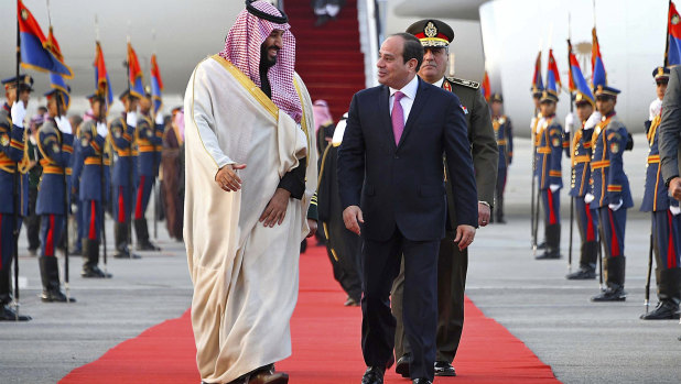 Saudi Crown Prince Mohammed bin Salman, left, is greeter by Egyptian President Abdel-Fattah el-Sissi in Cairo on Sunday, for a visit meant to deepen the alliance between two of the region's powerhouses.