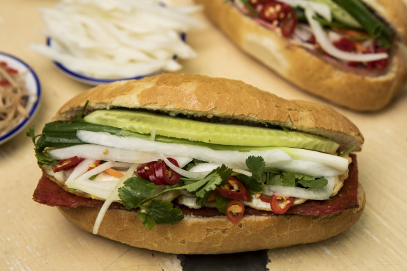 Banh Mi Bay Ngo’s pork roll with fried egg.