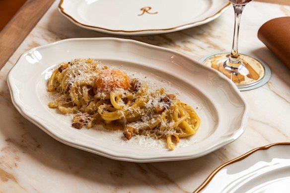 Pici carbonara with guanciale. 