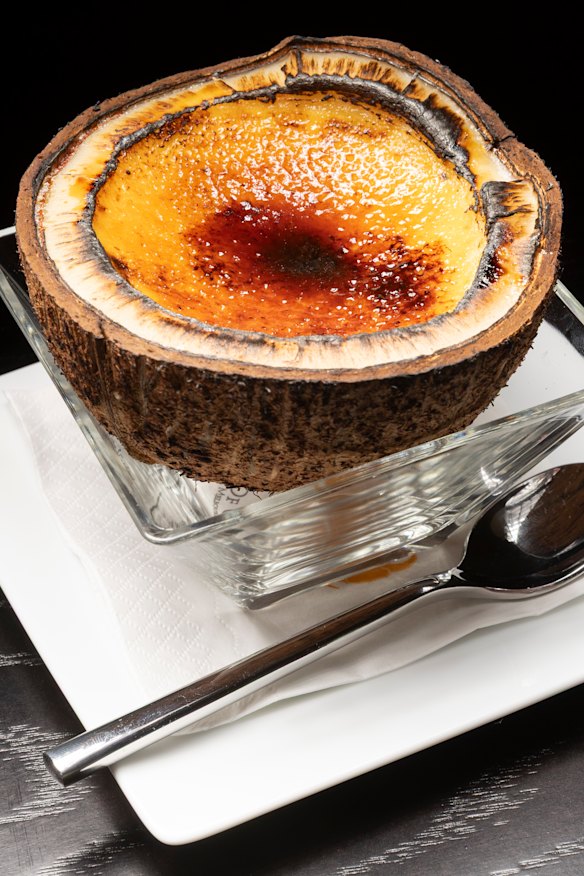 Coconut creme brulee is served in the fruit.