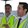 Premier David Crisafulli (right) speaks alongside with BP Country President Paul Auge (left) at Bulwer Island.