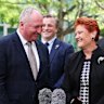 One Nations’ newest recruit Barnaby Joyce, with leader Pauline Hanson and fellow senators Sean Bell and Tyron Whitten.
