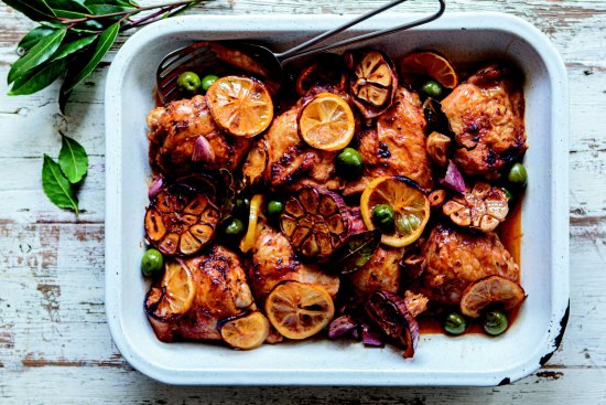 
Roasted chicken thighs with lemon, smoked paprika and green olives.