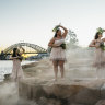 Aboriginal dancers from the Jannawi Dance Clan perform during an immersive experience during on an Aboriginal cultural tour in Barangaroo.