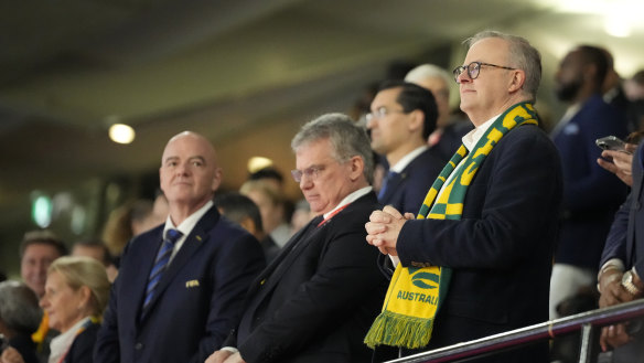 President of FIFA Gianni Infantino, left, and Australian Prime Minister Anthony Albanese, right, stand ahead of the Women’s World Cup semifinal soccer match between Australia and England.
