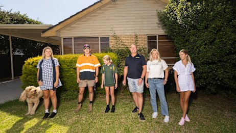 Corey and Kelly Wilkes with their children Harvey, Kurtis, Alexie and Tilly in front of the home they bought in Keilor village. 