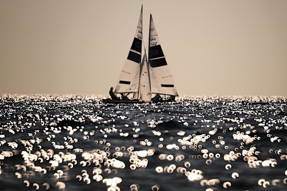 Odysseas Emmanouil Spanakis and Ariadni Paraskevi Spanaki of Greece and Deniz Cinar and Simay Aslan of Turkiye compete in the Mixed Dinghy 470. 