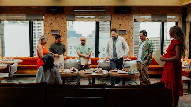 Judges, clockwise from left, Bianca Hrovat (seated), Sarah Norris, Kenneth Rodriguez, Khanh Nguyen, Callan Boys, Elvis Abrahanowicz and Ashleigh McBean, at Kiln restaurant in Sydney.