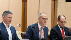 Nine’s Mike Sneesby, News Corp’s Michael Miller and Seven West Media CEO Jeff Howard in Canberra on Friday.