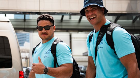 Hunter Paisami and Joseph-Aukuso Suaalii looking happy about the heat in Osaka.