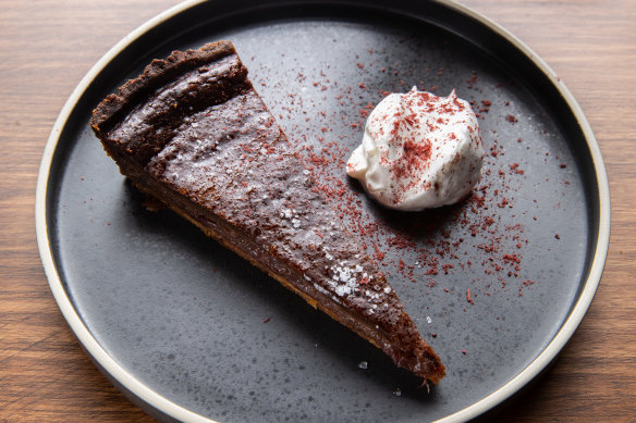 Rhubarb and chocolate tart is a straightforward union of good fruit, good chocolate, and good pastry.