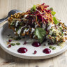 Kale chips battered in chickpea flour, with beetroot puree and drizzled with a trio of chutneys.