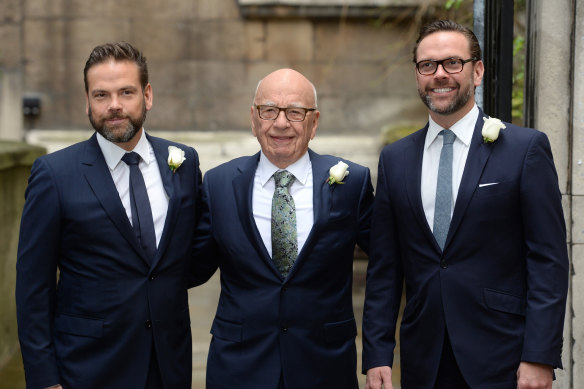 Rupert Murdoch flanked by sons Lachlan, left, and James. 