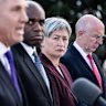 Defence Minister Richard Marles, UK Foreign Secretary David Lammy, Foreign Minister Penny Wong and UK Defence Secretary John Healey at Admiralty House in Kirribilli, Sydney on Friday.