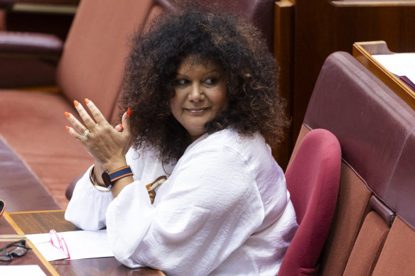 Assistant Minister for Indigenous Australians and Assistant Minister for Indigenous Health Malarndirri McCarthy in the Senate at Parliament House in Canberra on Wednesday 8 November 2023. fedpol Photo: Alex Ellinghausen