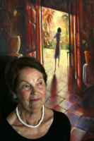 Jan Ruff O'Herne, pictured in 2008 with a painting by her daughter Carol Ruff showing Jan trying to escape from a Japanese brothel.