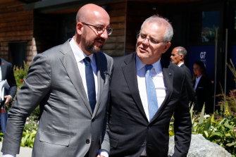 European Council President Charles Michel and Prime Minister Scott Morrison, pictured during the G7 summit in Cornwall in June.
