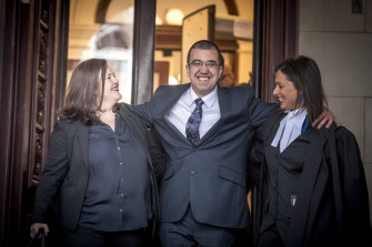 Faruk Orman with his lawyers Ruth Parker (left) and Carly Lloyd on the steps of the Supreme Court after his release from prison.