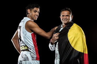 Youngster Nasiah Wanganeen-Milera (left) will play in his first Sir Doug Nicholls round match wearing the number of St Kilda great Nicky Winmar (right).