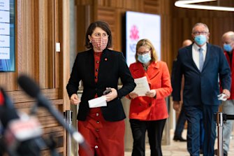 NSW Premier Gladys Berejiklian, with Chief Health Officer Kerry Chant and Health Minister Brad Hazzard, who have been called to a parliamentary COVID inquiry today.