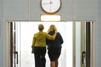 Independent Helen Haines supports Liberal MP Bridget Archer after she crossed the floor on Thursday. 