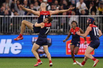 Max Gawn celebrates a goal.