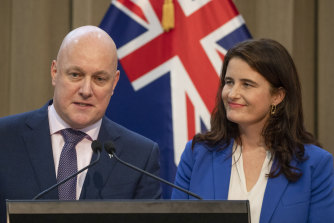 New NZ National Party leader Christopher Luxon, left, and deputy leader Nicola Willis address a press conference in Wellington on Tuesday.
