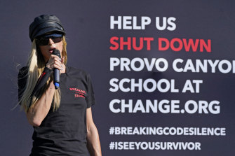 Paris Hilton leads a 2020 protest calling for the closure of Provo Canyon School in Utah, where she has testified she was abused as a student.