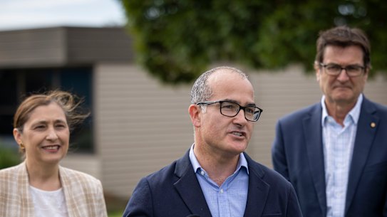 Acting Premier James Merlino with Environment Minister Lily D’Ambrosio and former federal climate change minister Greg Combet.