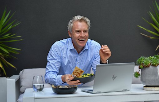 Deputy Lord Mayor Arron Wood at home last week, being interviewed via video link. 