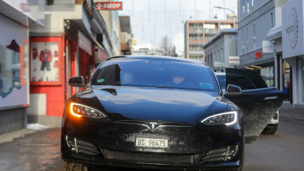 A Tesla Model S idles in Davos ahead of the  World Economic Forum in January.