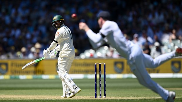 Harry Brook’s dropped catch gives Usman Khawaja a reprieve on five.