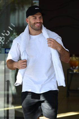 You Blue-ty ... James Tedesco leaves the Pullman Hotel on Thursday after his man-of-the-match Origin performance for NSW.