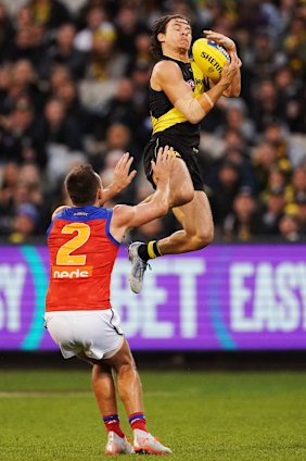 Up and at 'em: Daniel Rioli flies high for Richmond.