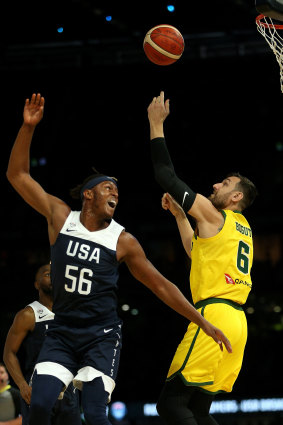 Boomer Andrew Bogut takes on Myles Turner.